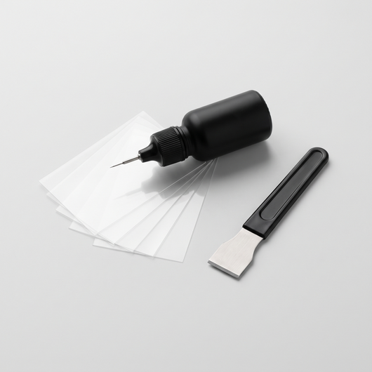 GALLAGHER GlassFix windshield repair kit: resin applicator, curing films and razor blade